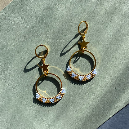 Frosted Star Dangle Earrings with Pastel Beads and Gold Hoops