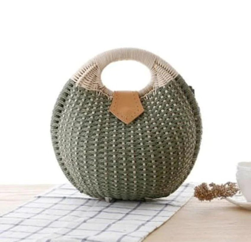 Top Handle Wicker Handbag in Round Shape - Stylemz