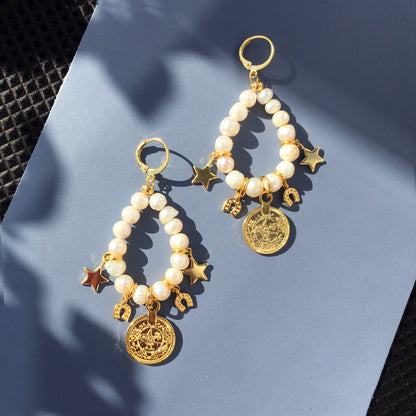 Lucky Charm Earrings with Gold Hoops and Pearls