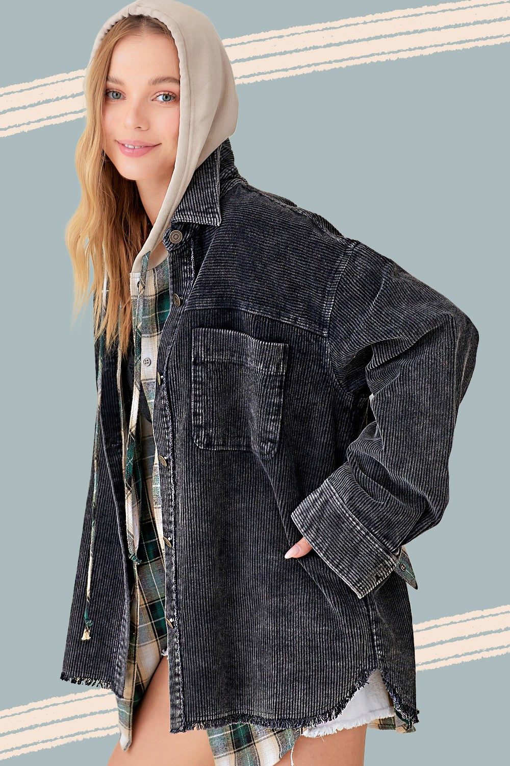 Corduroy Washed Finished Frayed Hem Jacket - Stylemz