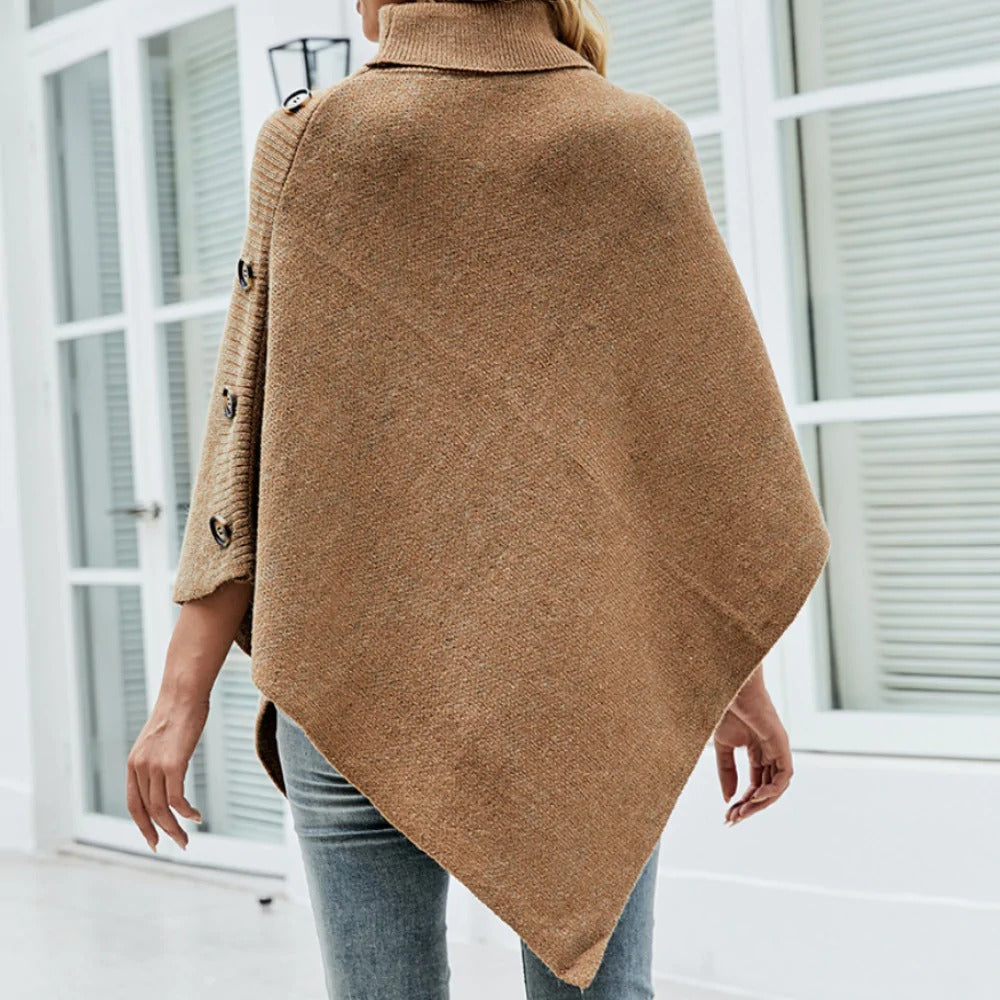 Womens Turtleneck Poncho With Side Buttons For Stylish Warmth