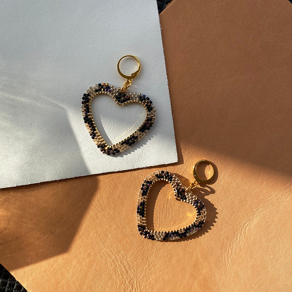 Leopard Heart Earrings - Luxe Beaded Hoop Style