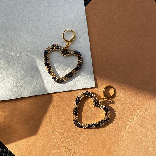 Leopard Heart Earrings - Luxe Beaded Hoop Style