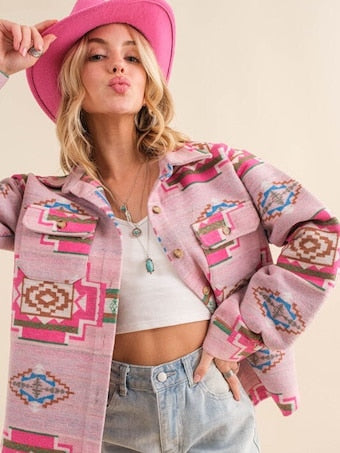 Pink Jacquard Aztec Relaxed Fit Button Down Shacket Shacket - Stylemz