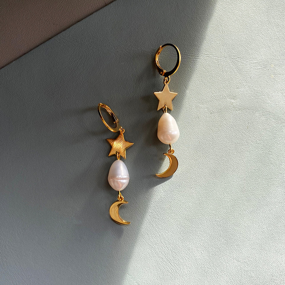 Night Sky Pearl Earrings in 24 Carat Gold Plating