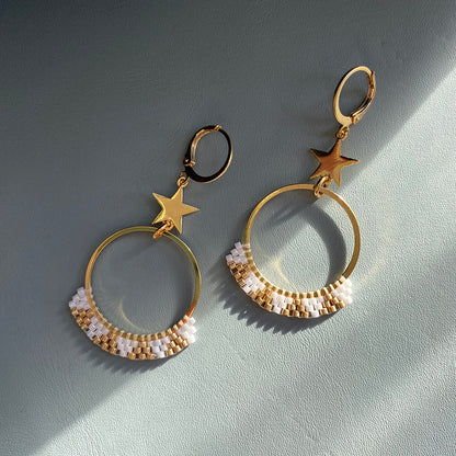 Frosted Star Dangle Earrings with Pastel Beads and Gold Hoops