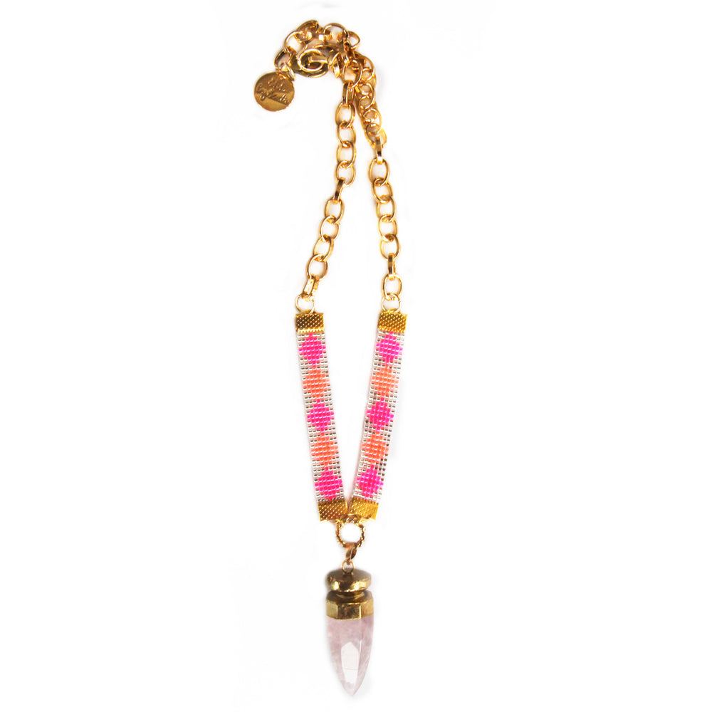 St Tropez Crystal Quartz Necklace - Neon Pink with Gold Chain