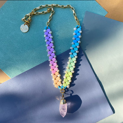 Pastel Rainbow Amethyst Necklace with Gold Dipped Pendant