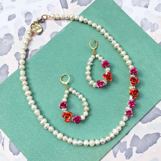 Rose Pearl Earrings and Necklace with Gold Hoops