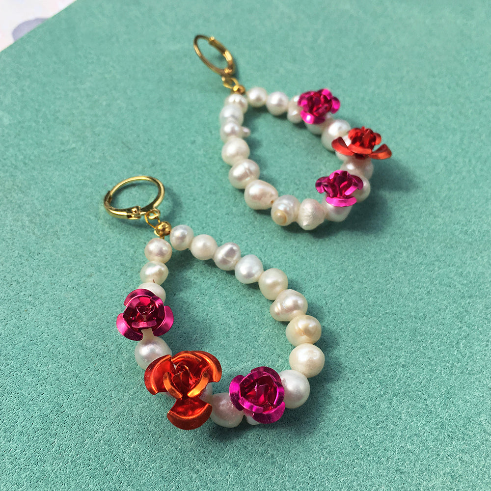 Rose Pearl Earrings and Necklace with Gold Hoops