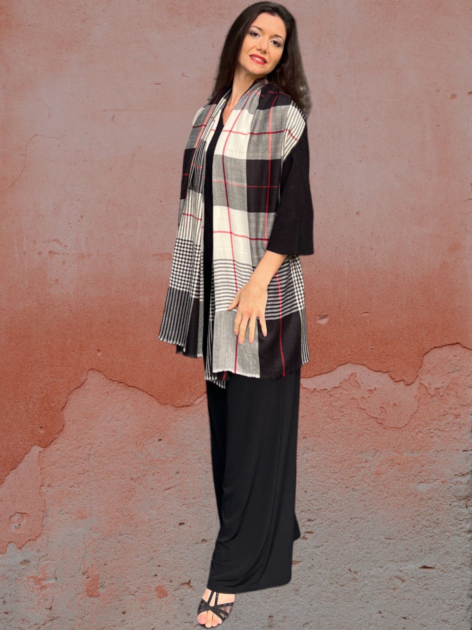 Hand Loomed Black Wool And Silk Check Scarf - Stylemz