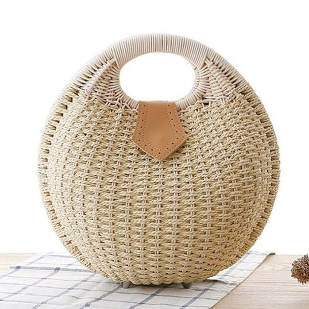 Top Handle Wicker Handbag in Round Shape - Stylemz