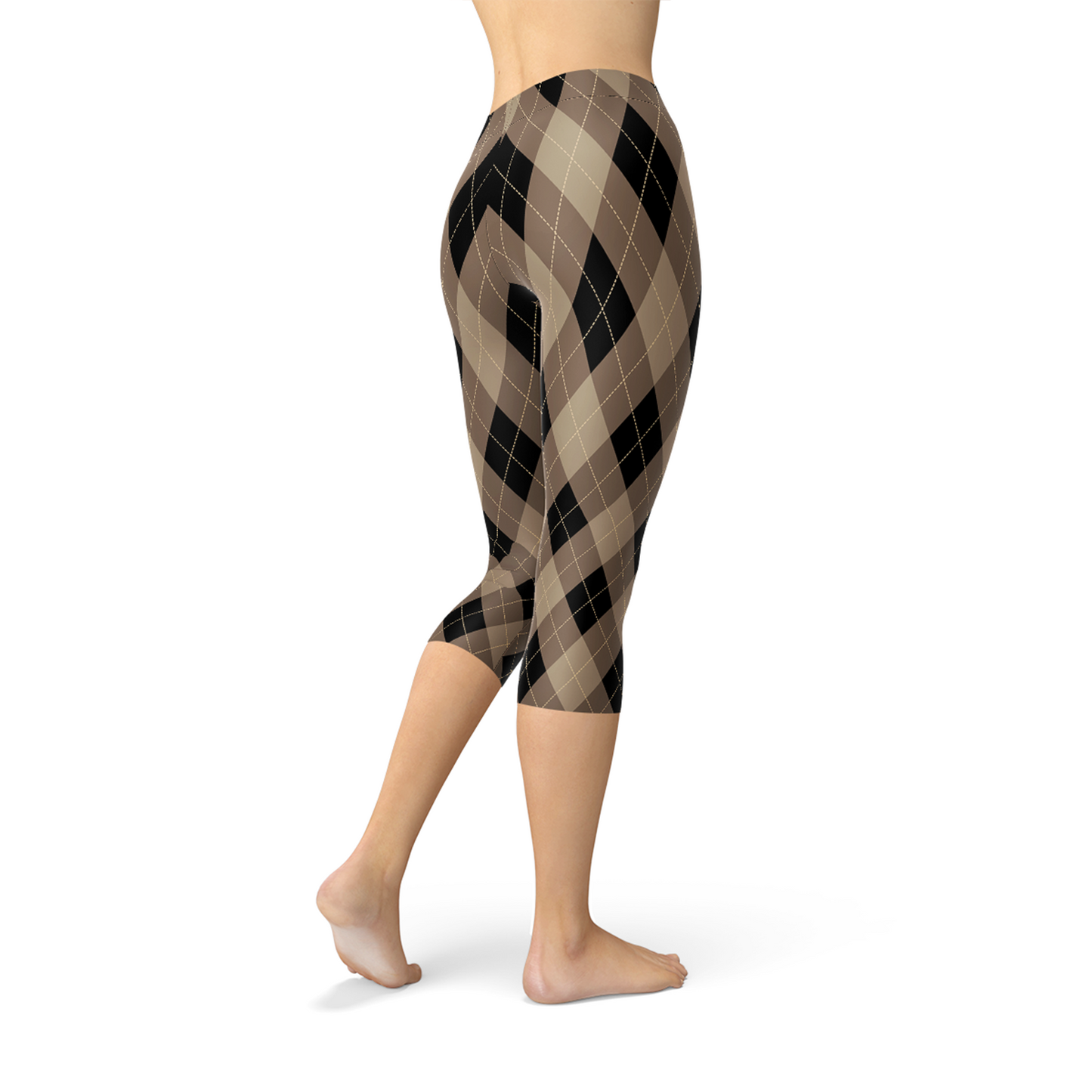 Womens Beige Brown Argyle Capri Leggings for Active Wear