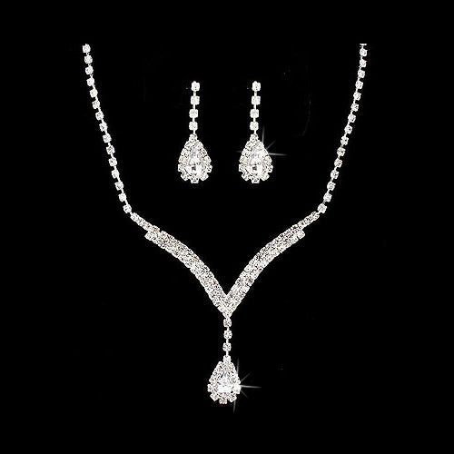 Bridal Wedding Jewelry Set Necklace Earring Crystal Rhinestone LG V - Stylemz