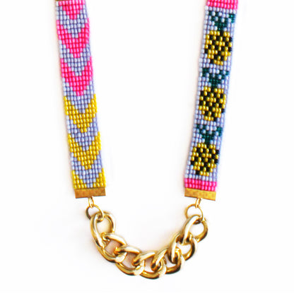 Piña Pineapple Necklace with Gold Chain and Beadwork