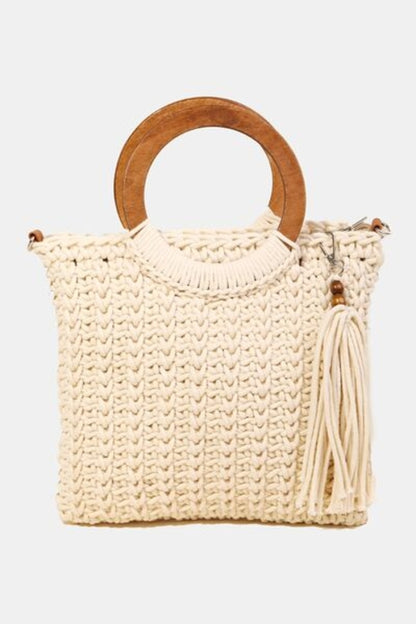 Fame Crochet Knit Convertible Tote Bag with Tassel - Stylemz