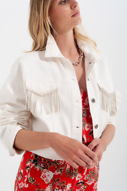 Denim Jacket With Diamante Fringing in White for Casual Style