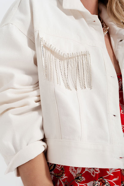 Denim Jacket With Diamante Fringing in White for Casual Style