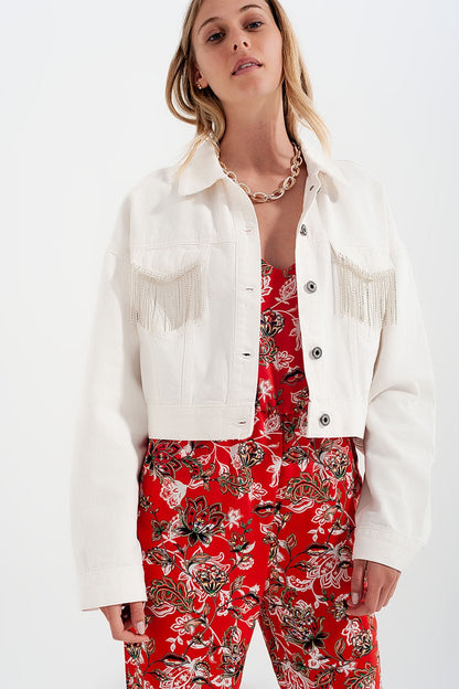 Denim Jacket With Diamante Fringing in White for Casual Style