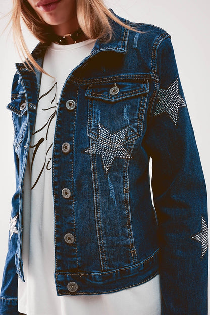 Denim Jacket With Star Embellishment in Midwash Style