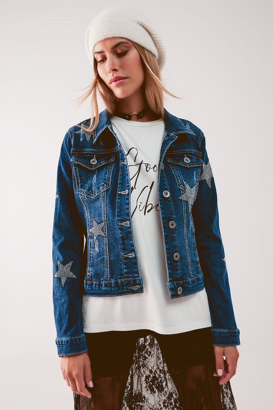 Denim Jacket With Star Embellishment in Midwash Style