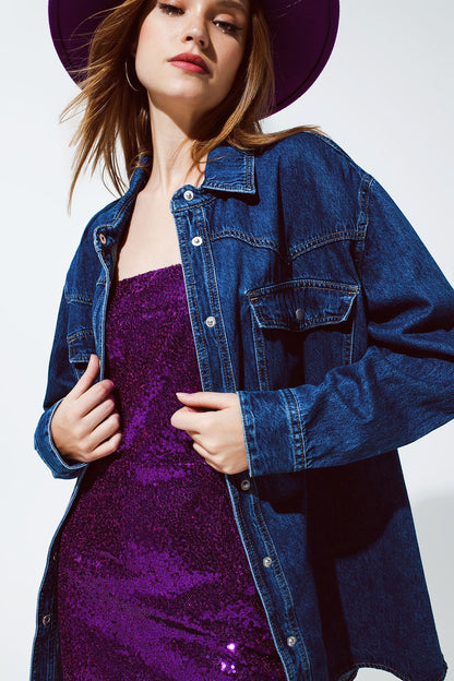 Denim Oversized Cargo Shirt Jacket With Pockets for Comfort