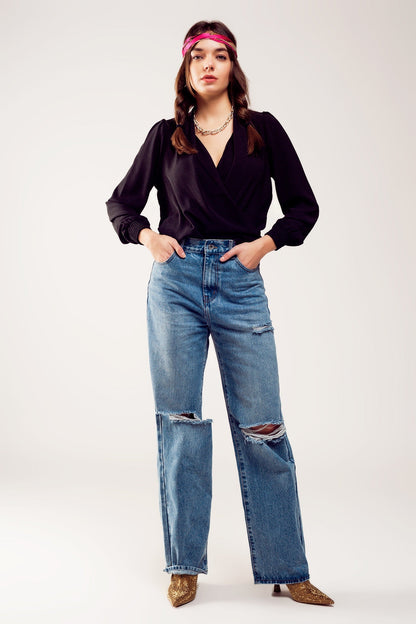 Distressed Straight Leg Jean in Medium Denim for Effortless Style