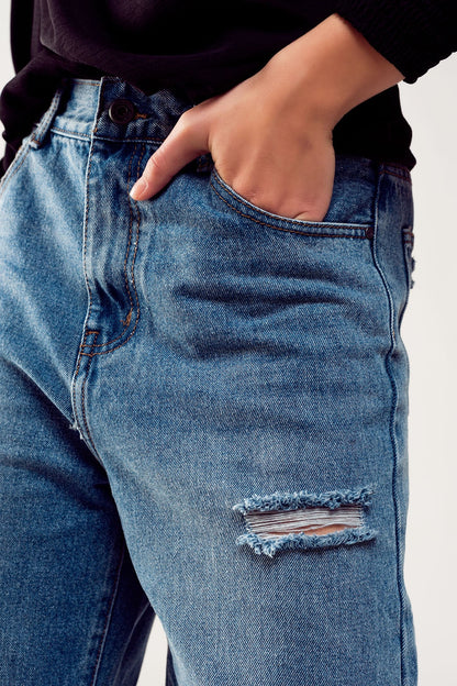 Distressed Straight Leg Jean in Medium Denim for Effortless Style