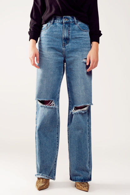 Distressed Straight Leg Jean in Medium Denim for Effortless Style