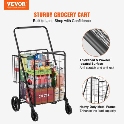 Folding Shopping Cart, Jumbo Grocery Cart With Double Baskets