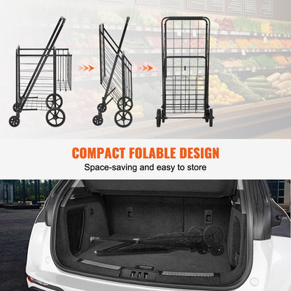 Folding Shopping Cart, Jumbo Grocery Cart With Double Baskets