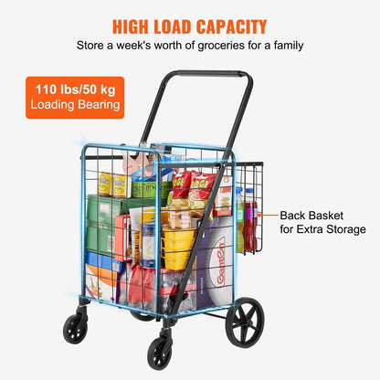 Folding Shopping Cart, Jumbo Grocery Cart With Double Baskets