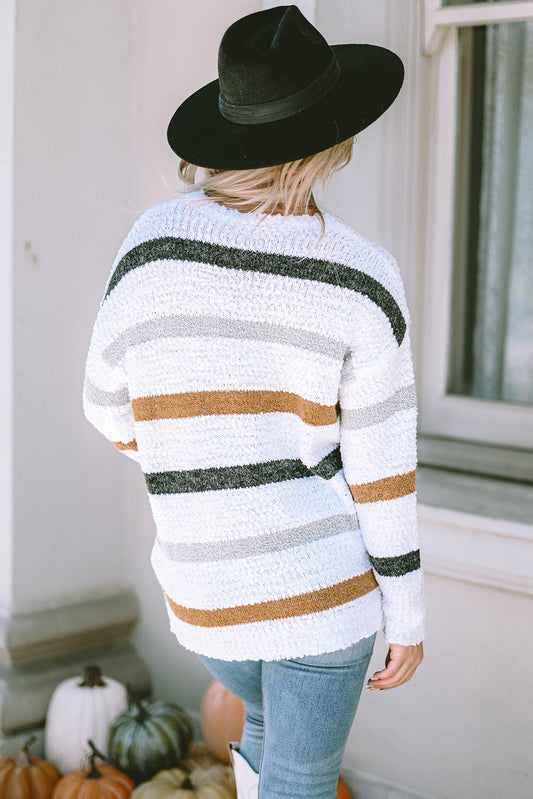 Cora Striped Popcorn Knit Sweater for Stylish Winter Wear