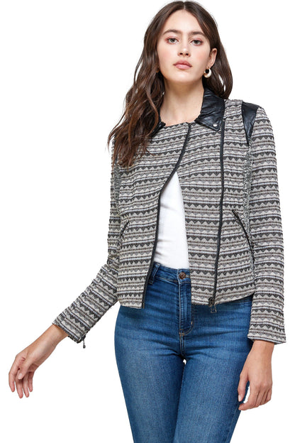 Textured Knit Jacket with Faux Leather Accents - Stylemz