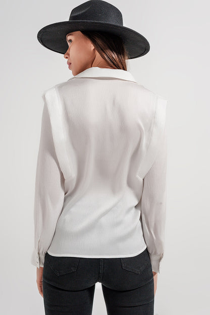 Ecru Blouse With Ruffle Details and Wide Collar Style