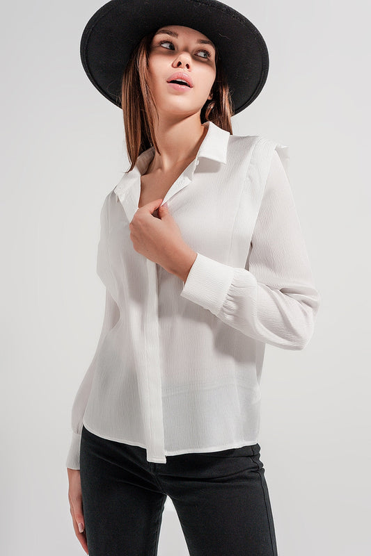 Ecru Blouse With Ruffle Details and Wide Collar Style