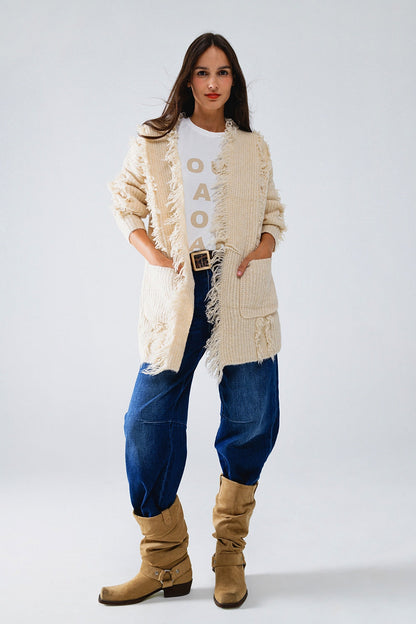 Ecru Boho Distressed Cardigan With Front Pockets Style