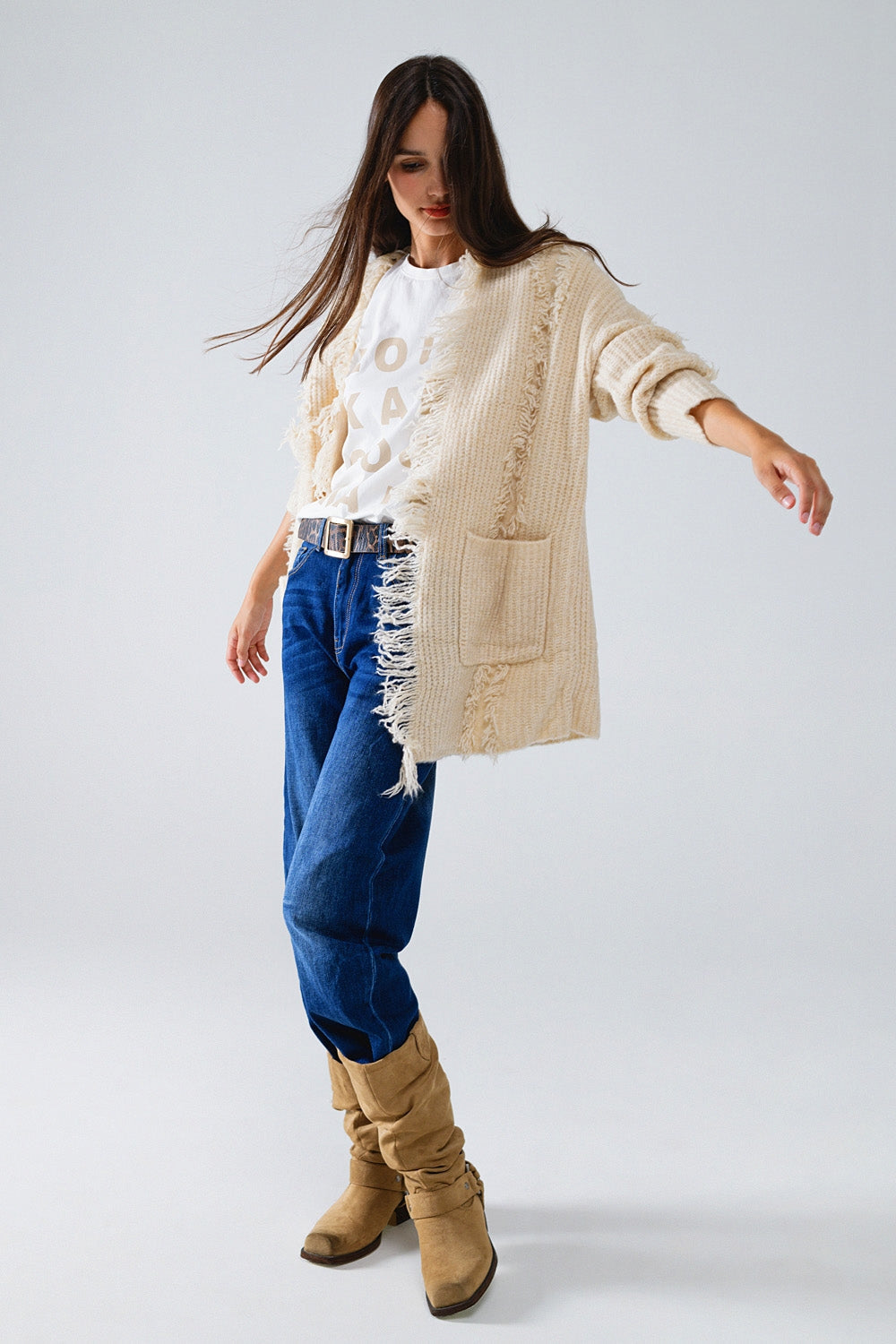 Ecru Boho Distressed Cardigan With Front Pockets Style