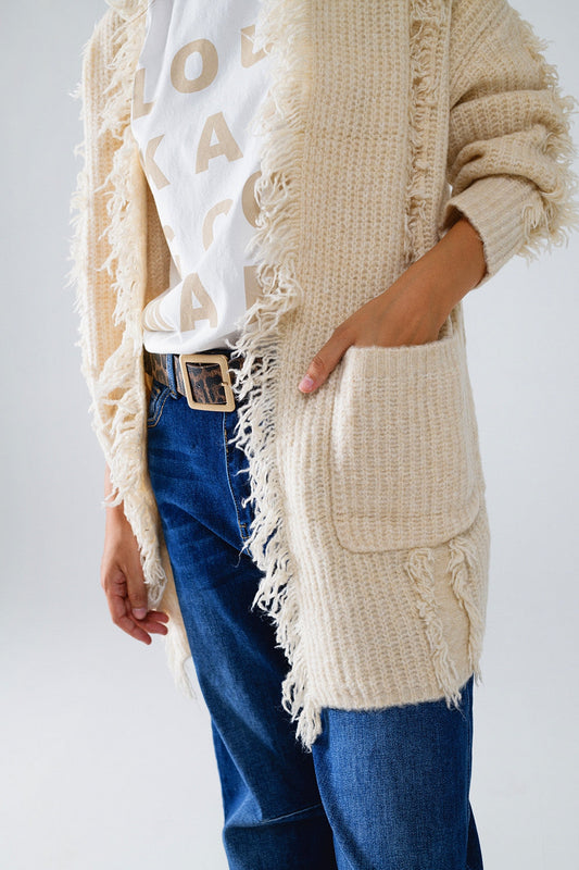 Ecru Boho Distressed Cardigan With Front Pockets Style