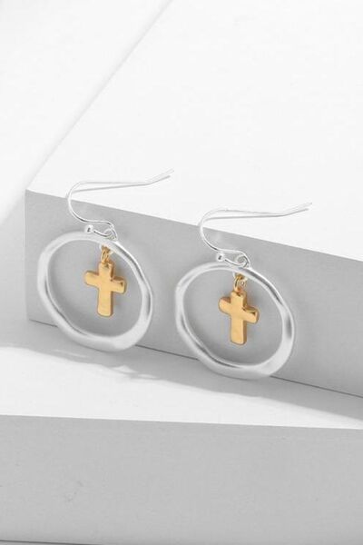 Brass Cross Dangle Earrings with Contrast Design - Stylemz