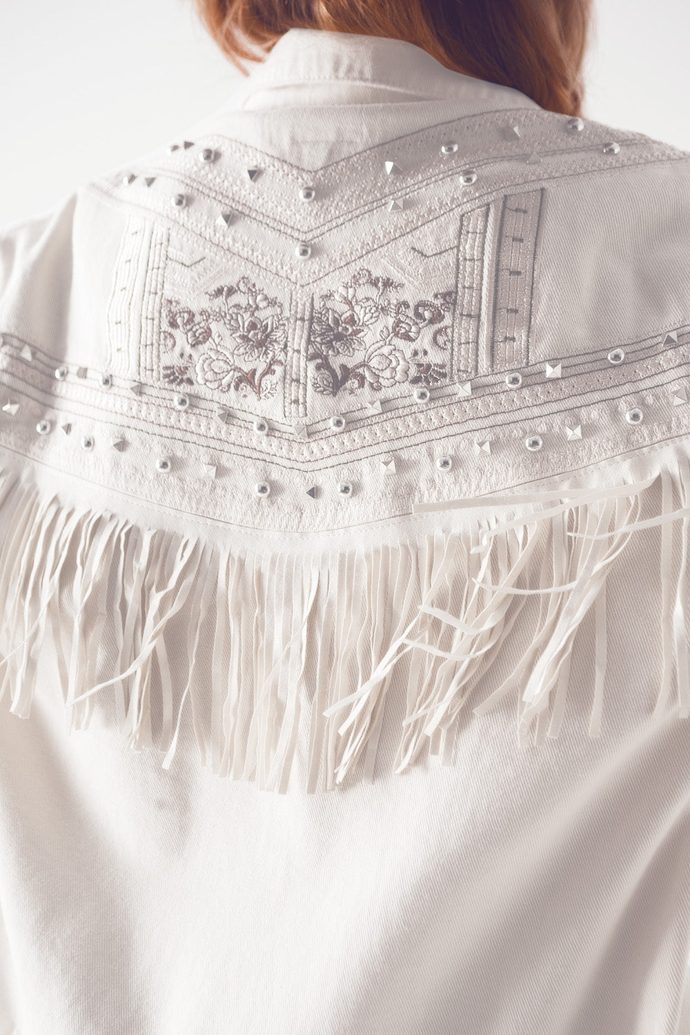 Embellished Fringe Denim Jacket in White for Urban Style