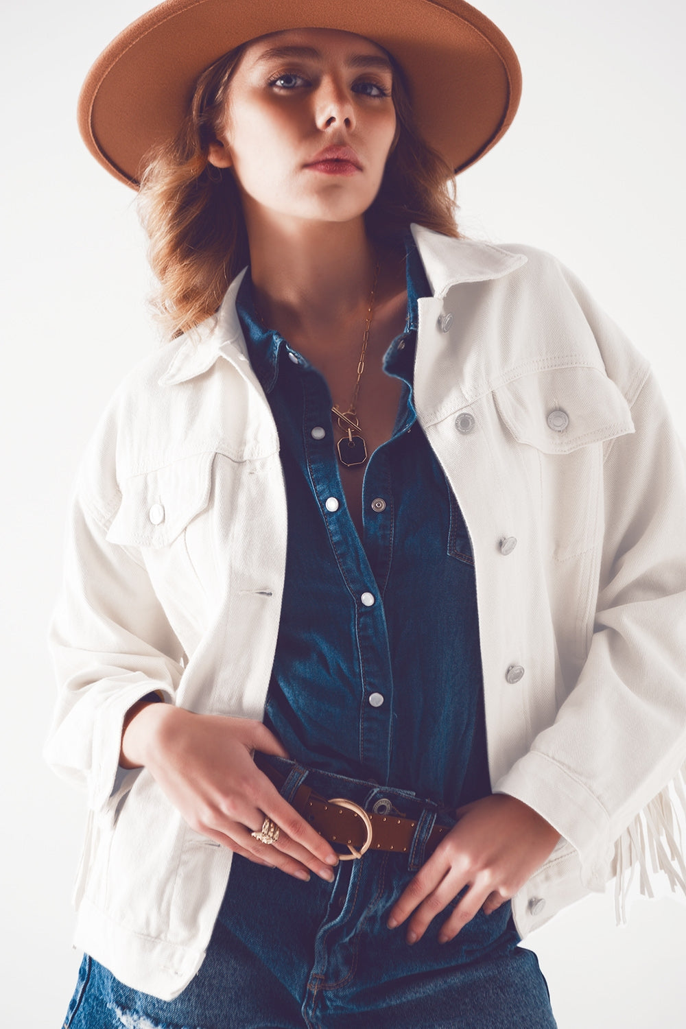 Embellished Fringe Denim Jacket in White for Urban Style