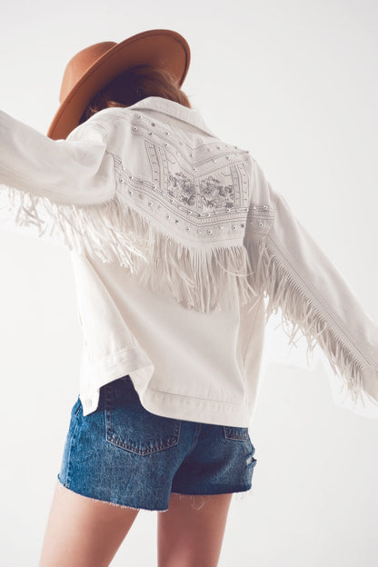 Embellished Fringe Denim Jacket in White for Urban Style