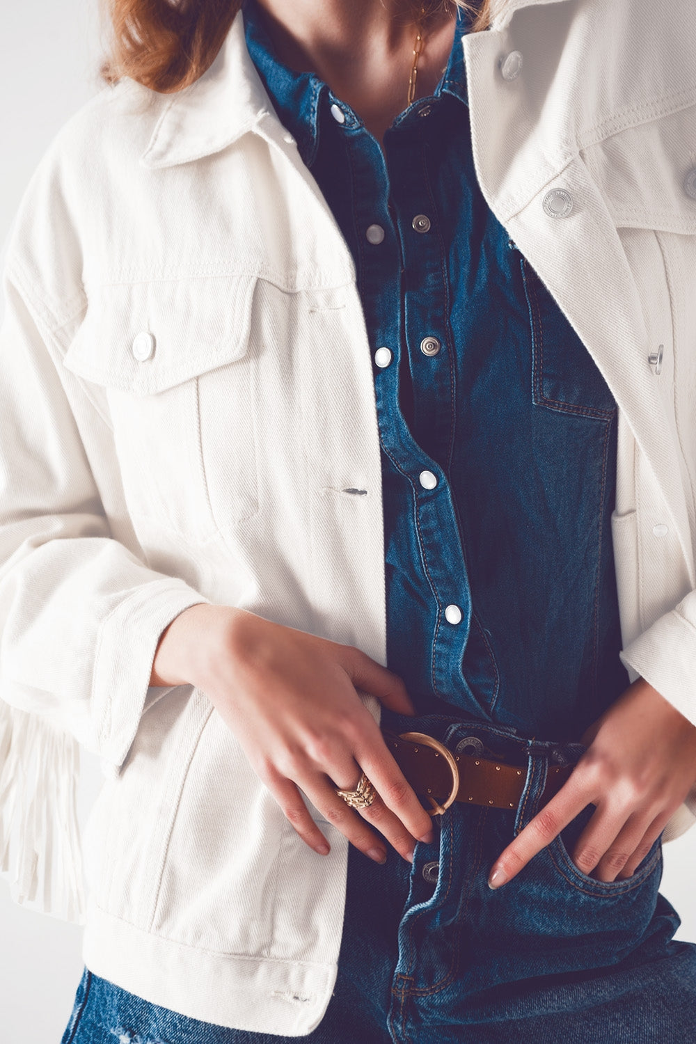 Embellished Fringe Denim Jacket in White for Urban Style