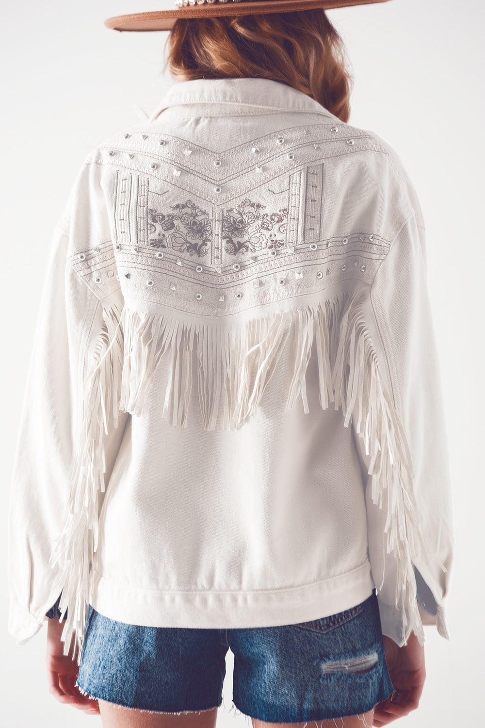 Embellished Fringe Denim Jacket in White for Urban Style