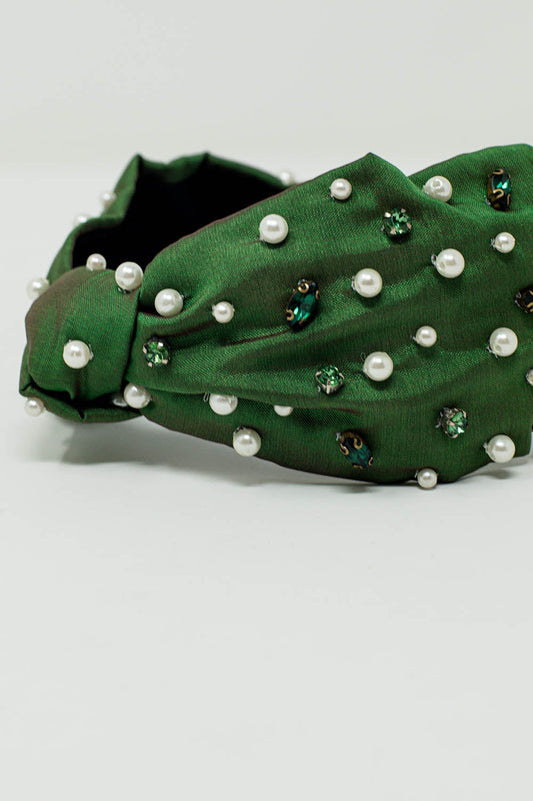 Embellished Headband With White And Green Jewels Knot