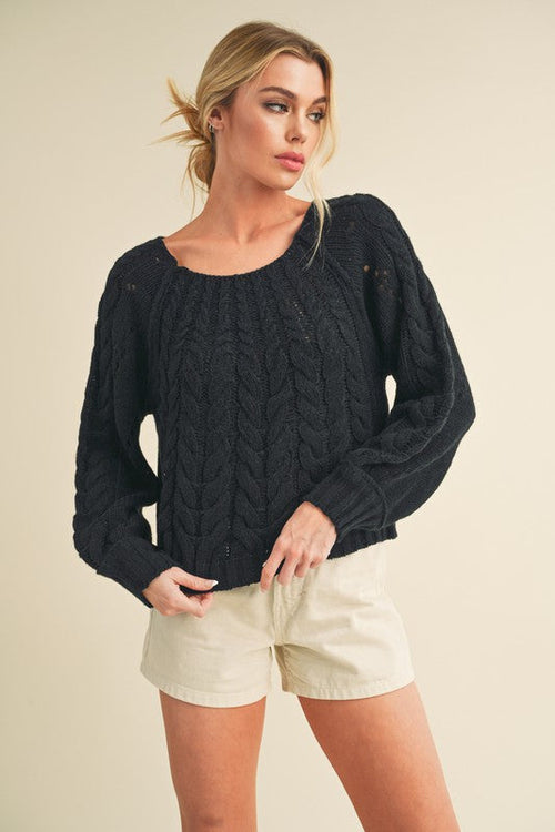 Aemi + Co Cable-Knit Openwork Round Neck Sweater for Cozy Chic