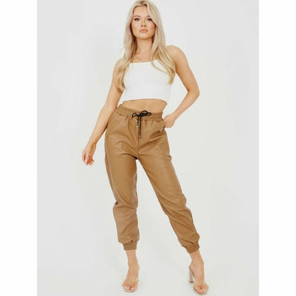 Faux Leather PU Joggers - Camel with Elastic Waistband