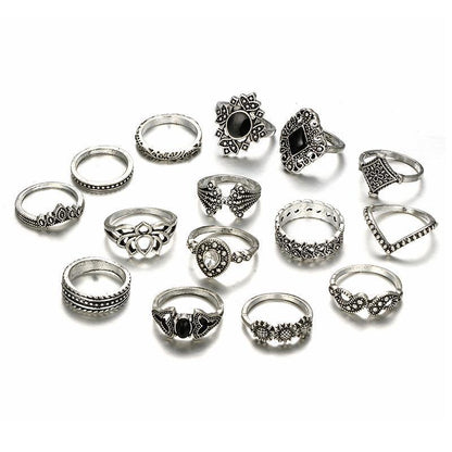 Flower Ring Set - 15 High-Quality Zinc Alloy Rings