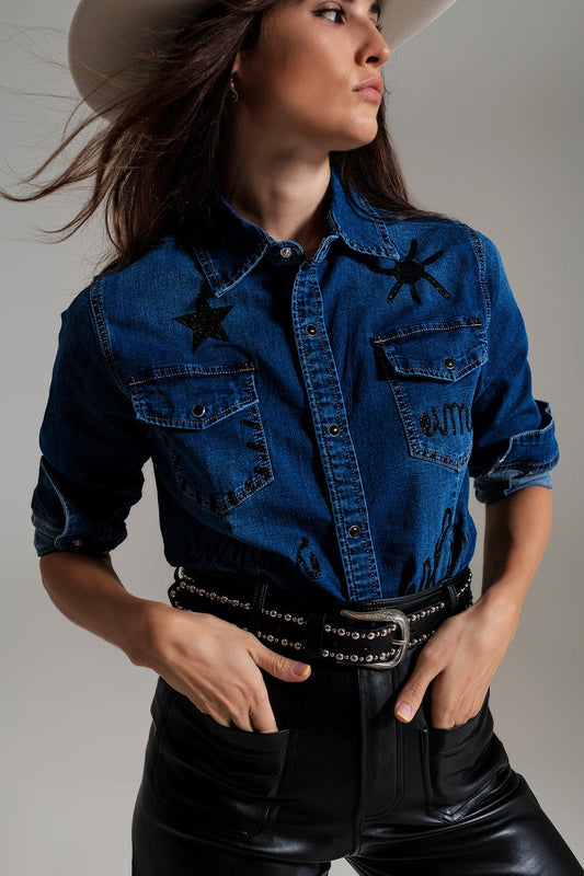 Fitted Denim Shirt With Black Graphic Details With Strass